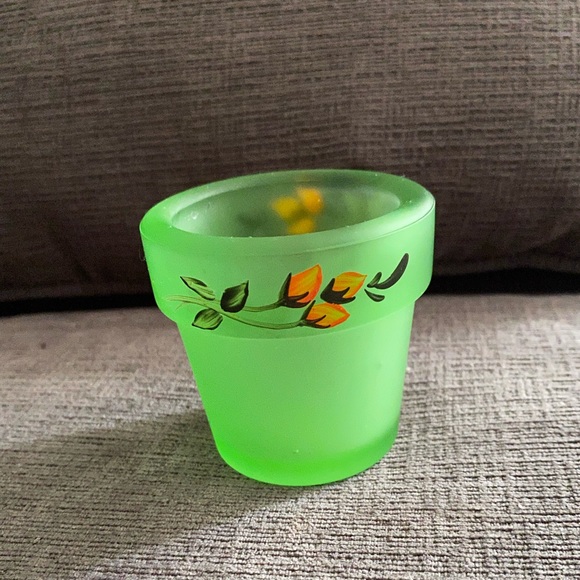 Vtg Frosted Green Confederate Glass Hand Painted Tealight Votive Candle Holder - Picture 3 of 9